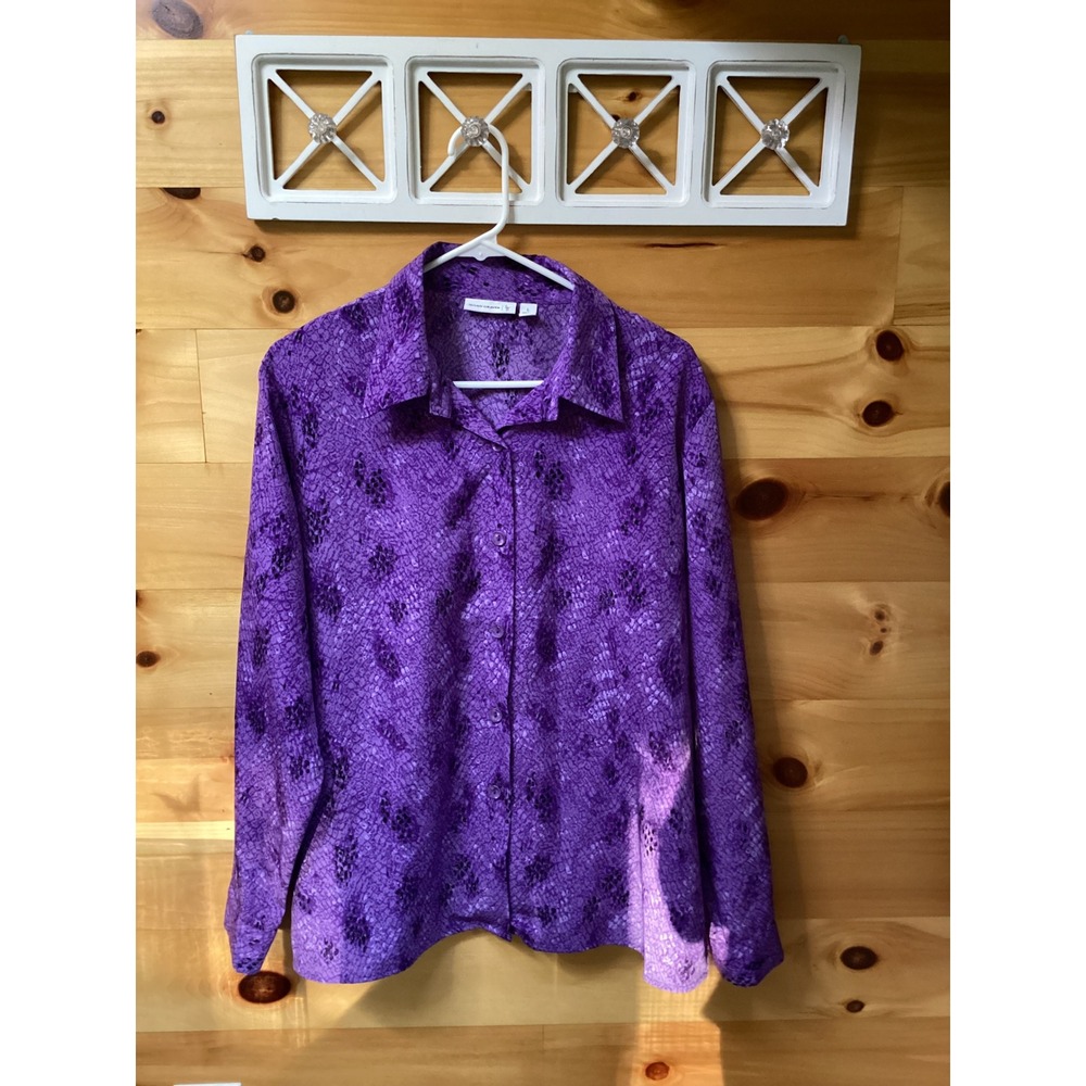 Susan Graver Purple Snake Print Button Down Blouse Womens Large Long Sleeve Top